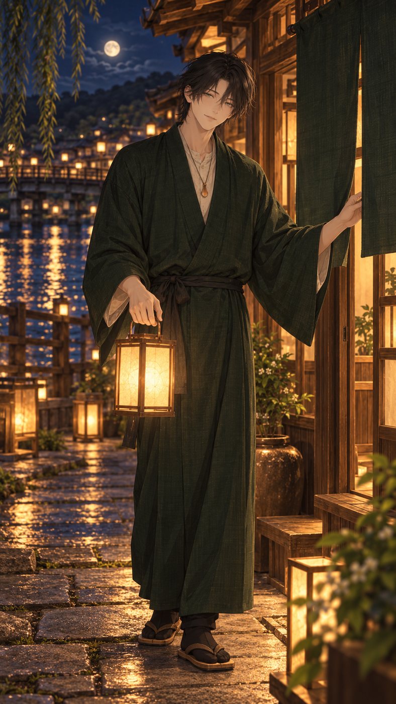 夜、灯りを手に暖簾の前に立つ凪。奥に橋と川