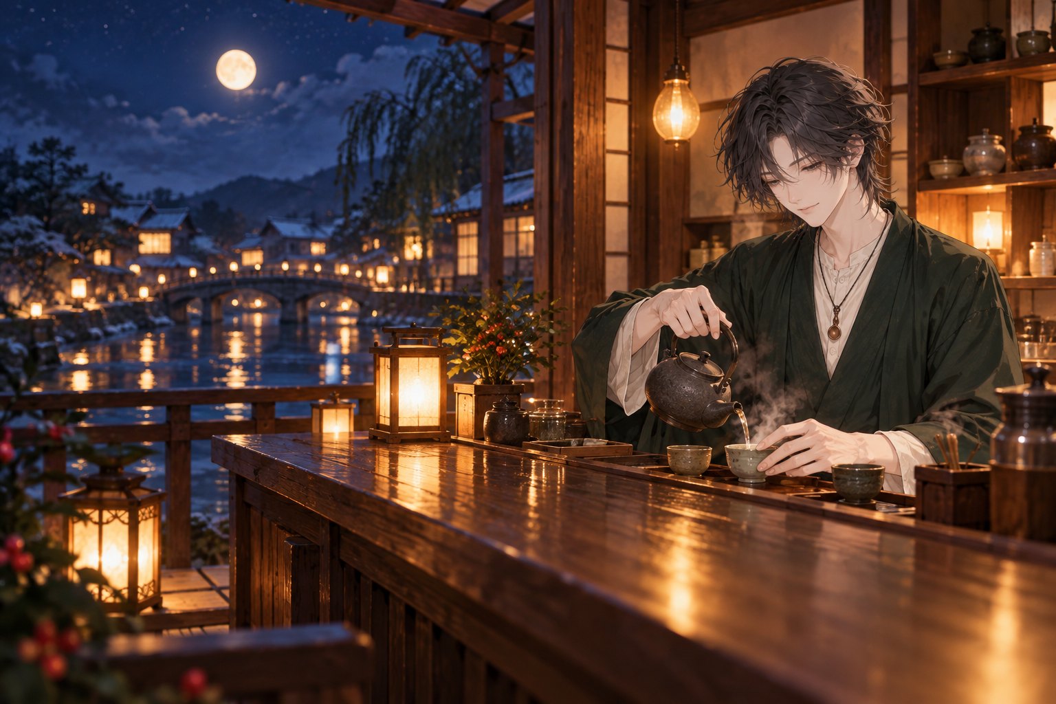 夜のお茶処のカウンターで、お茶を淹れる凪。窓の外に川と橋、月
