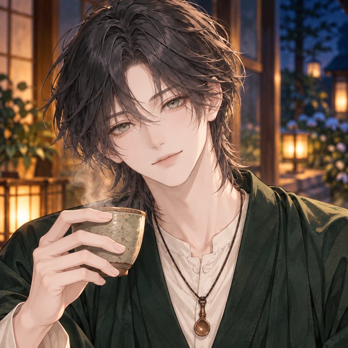 湯のみを持ち、目で笑う凪。深い緑の上着に生成りのシャツ、胸元に銅の茶さじ